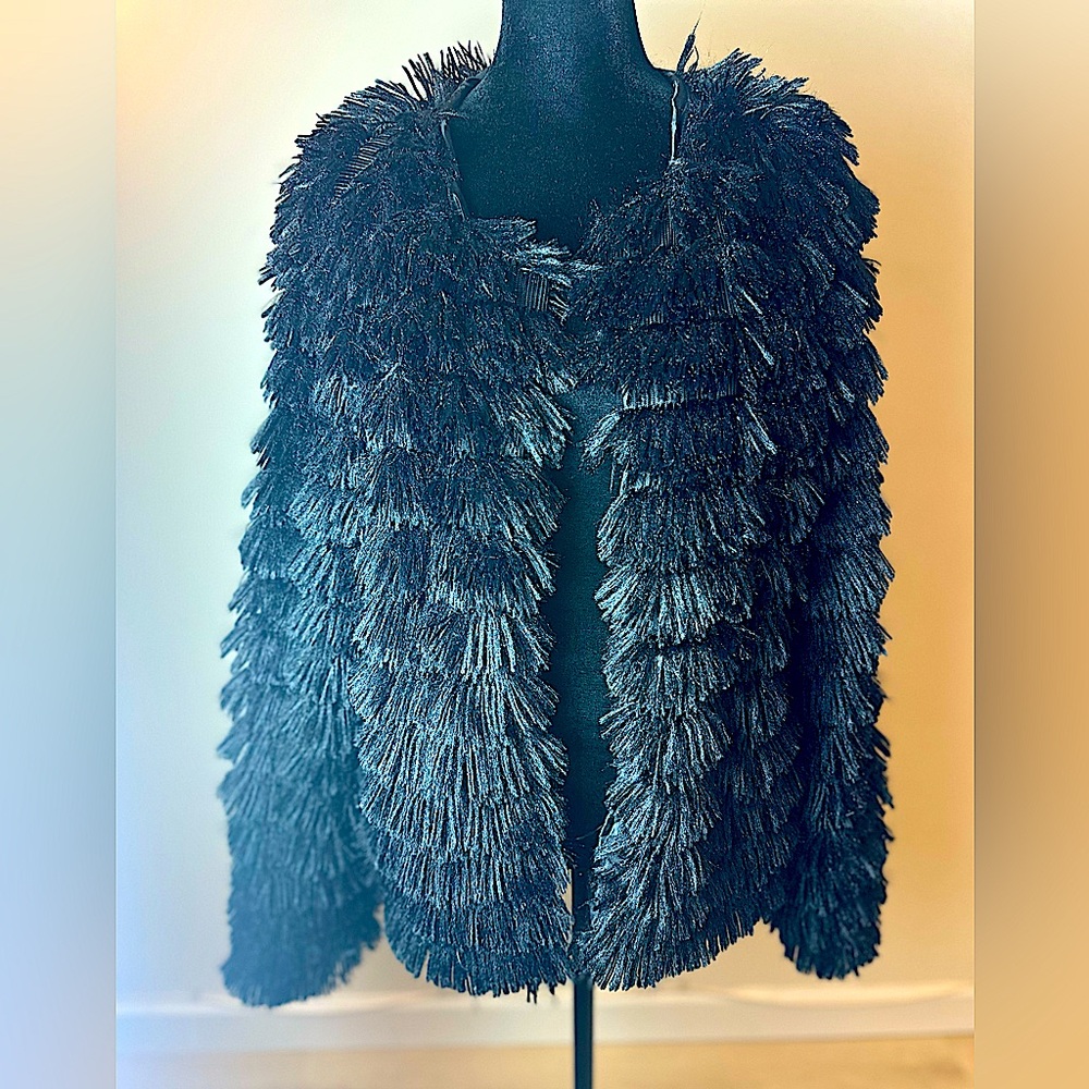 Women’s Black Eyelash Faux Fur Poly Spandex Black Hook/Eye Closure Coat Sz Large